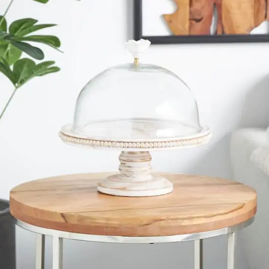 12.25" Cream Wood Cake Stand with Glass Dome Tabletop D&eacute;cor {1}