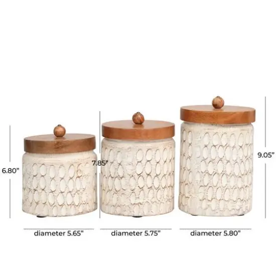 Cream Paper Mache Handmade Carved Spotted Geometric Canisters with Removable Lids Set {8}