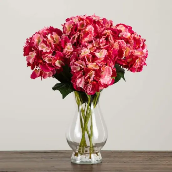 20" Pink Artificial Hydrangea Arrangement in Glass Vase {5}