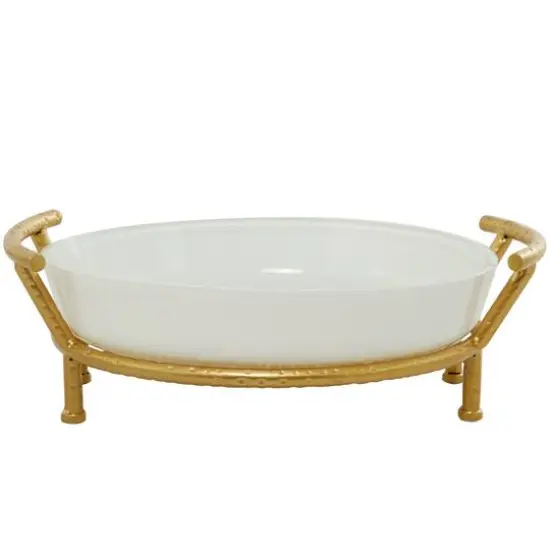 CosmoLiving by Cosmopolitan 19" White Glass Kitchen Serving Bowl with Gold Metal Stand {8}