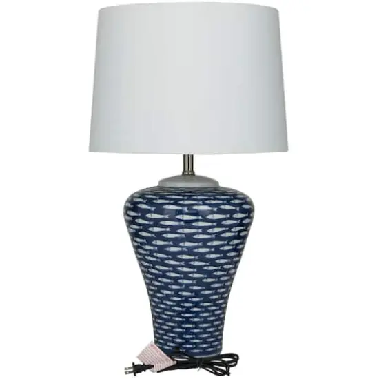 Dark Blue Ceramic Gourd Style Base Fish Table Lamp with Drum Shade 15" x 15" x 29" {8}