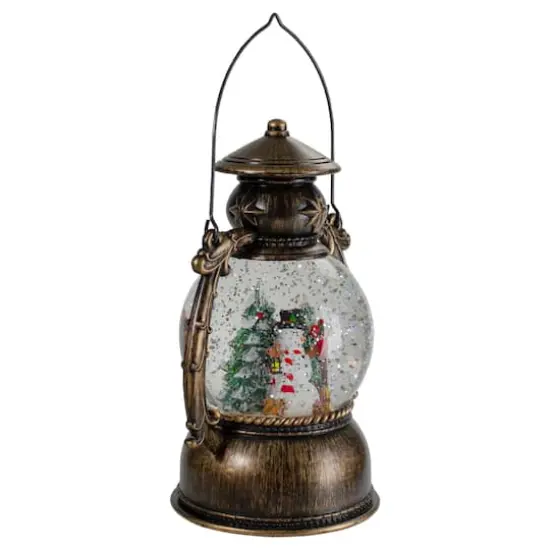 8" Black with Brushed Gold LED Snowman & Christmas Trees Snow Globe Lantern {6}