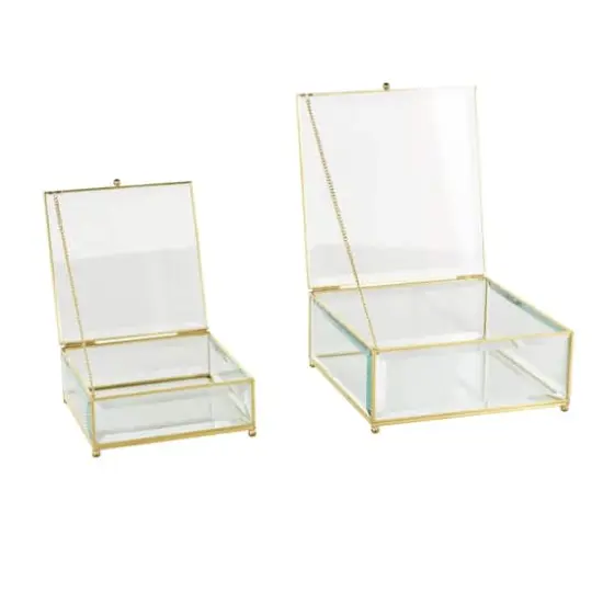 Clear & Gold Beveled Glass & Metal Square Footed Jewelry Box with Chain Accent Set {3}