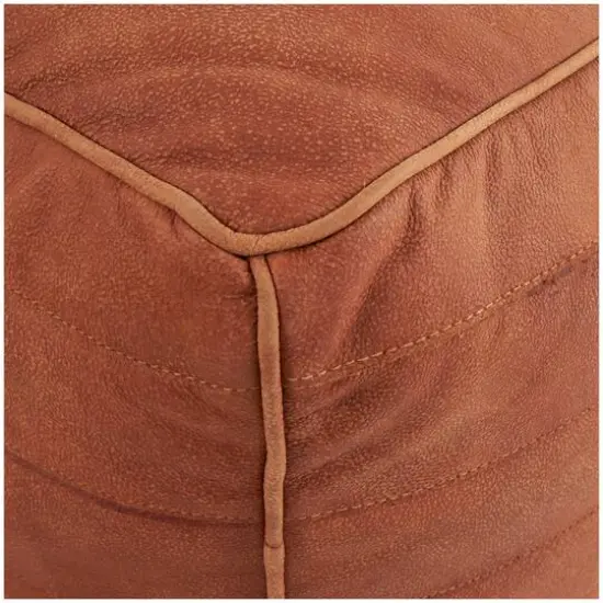 21" Leather Pouf with Linear Panels Tan {5}