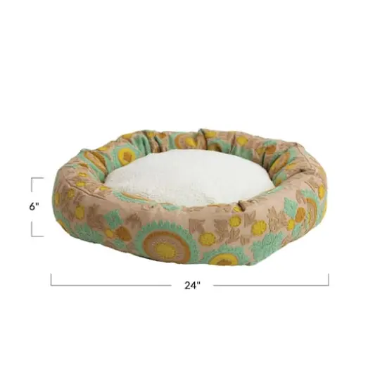 Hello Honey&reg; 24" Taupe, Green & Mint Round Floral Cotton & Sherpa Pet Bed {5}