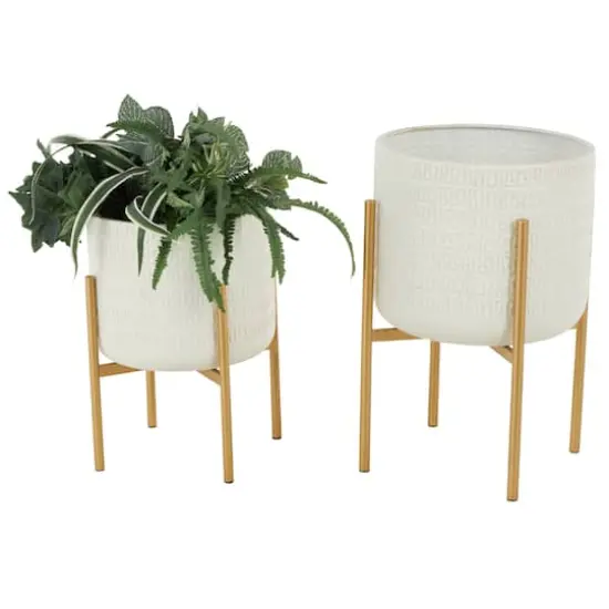 White & Gold Metal Dome Planter with Stand Set {1}