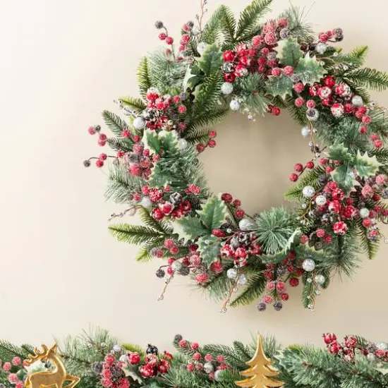 Glitzhome&reg; 24"D Christmas Red Pomegranate Berry & Holy Leaf Wreath {3}
