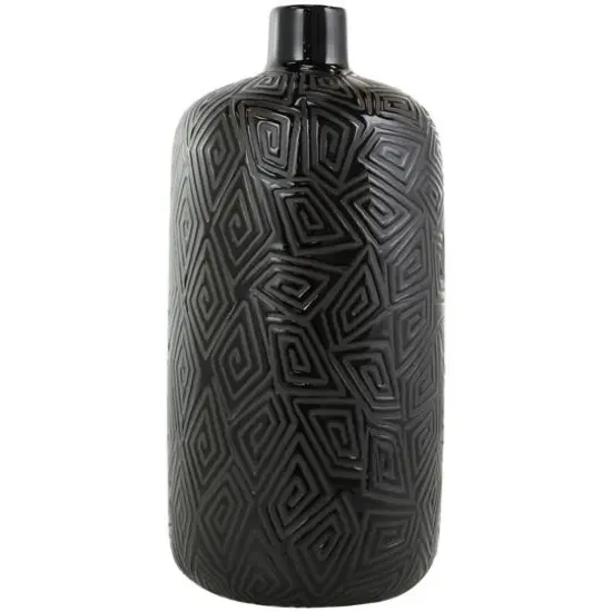 15" Black Geometric Etched Ceramic Vase {4}