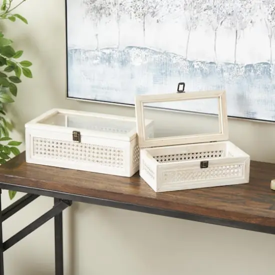 Cream Metal Handmade Woven Storage Box with Bronze Latches & Tempered Glass Tops Set {3}