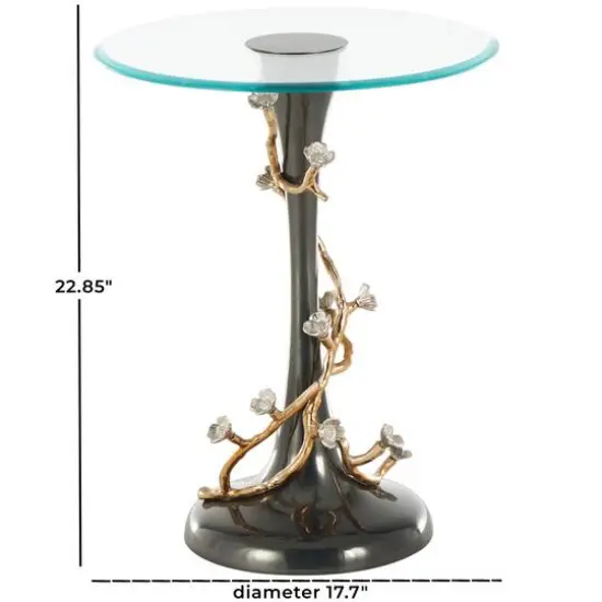 22.75" Black Aluminum Floral Twisted Vine Accent Table with Gold & Silver Accents & Glass Tabletop {8}