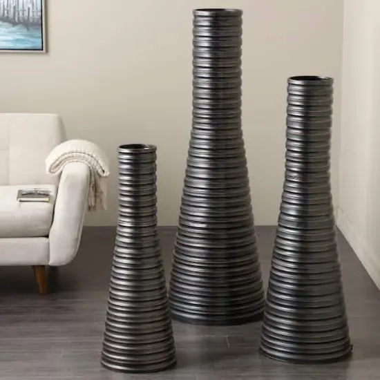 Bronze Ribbed Tall Cone Floor Vase with Horizontal Grooves Set {3}