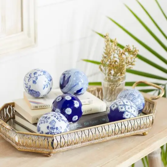3" Blue & White Patterned Ceramic Vase Filler Orb Set {6}