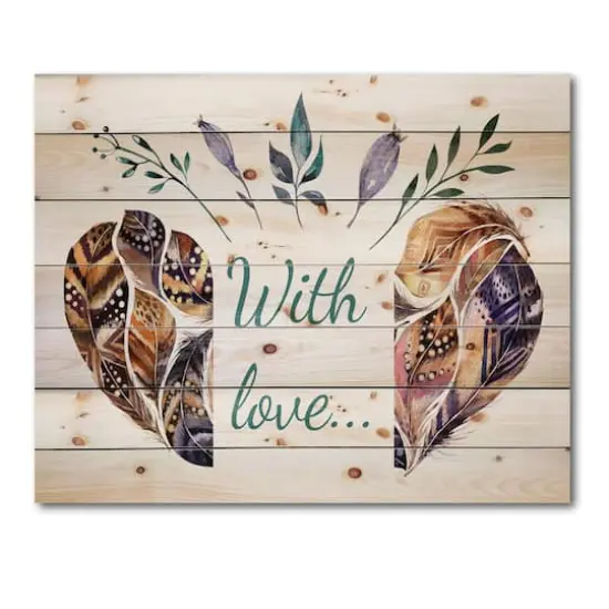 Designart - Hearted Shaped Valentine Feathers - Traditional Print on Natural Pine Wood {5}