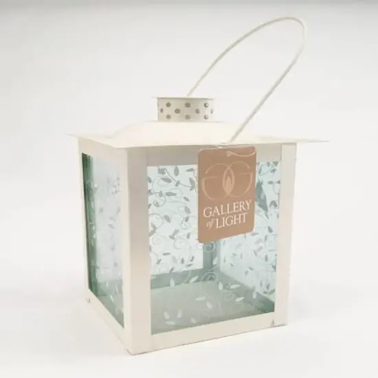 8" Large White Square Candle Lantern with Leaves {3}