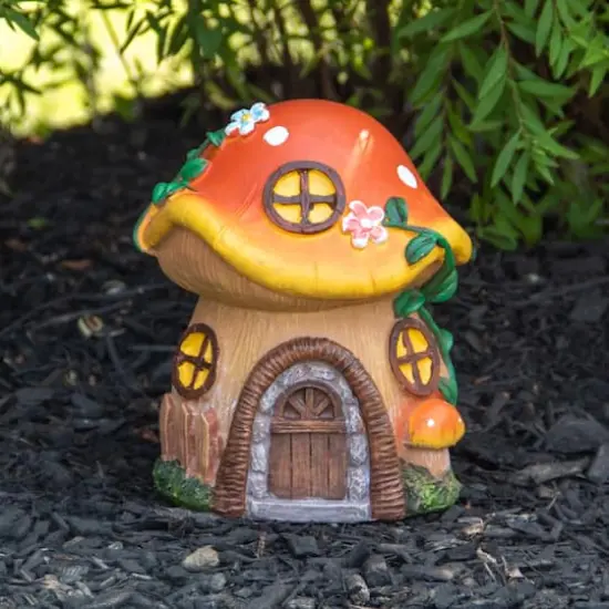 6.25" Orange Mushroom House Outdoor Garden Statue {3}