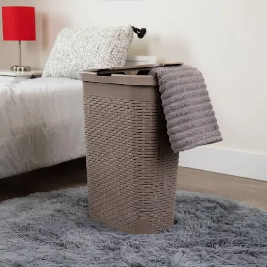 Mind Reader 40L Ventilated Slim Laundry Hamper with Cut Out Handles & Attached Hinged Lid, 2ct. Tan {3}