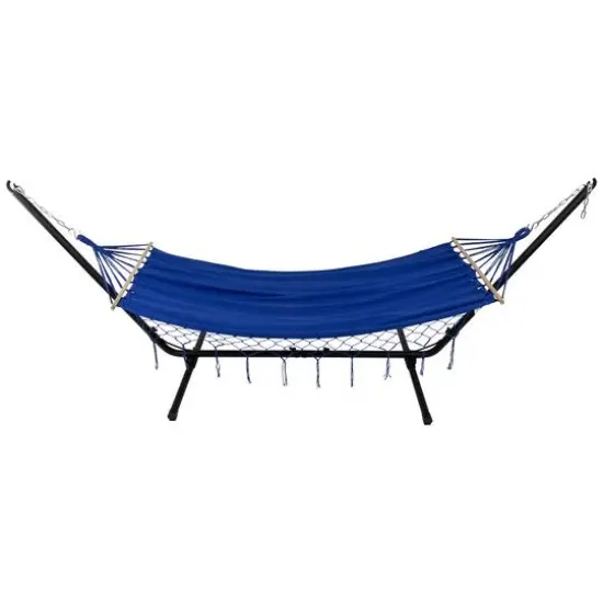 100" x 41" Hammock with Netted Fringe & Wooden Bars Blue {5}
