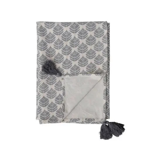 Hello Honey&reg; 84" Gray & Gold Cotton Printed Tablecloth with Leaf Pattern & Tassels {5}