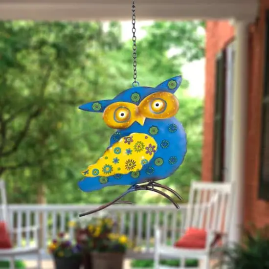 8" Blue & Yellow Metal Outdoor Wall Hanging Owl {3}
