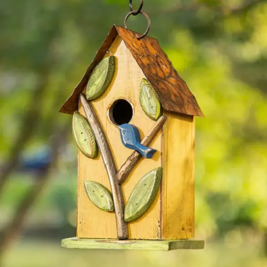 Glitzhome&reg; 9.75" Yellow Distressed Bird & Tree Birdhouse {3}