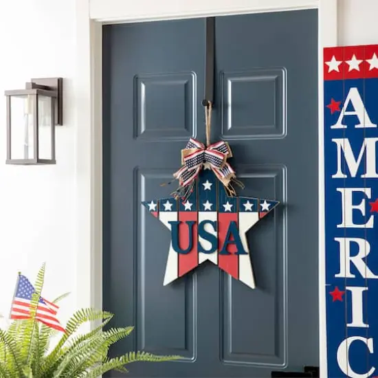 Glitzhome&reg; 19" Patriotic American Wooden Star Door Hanger {5}