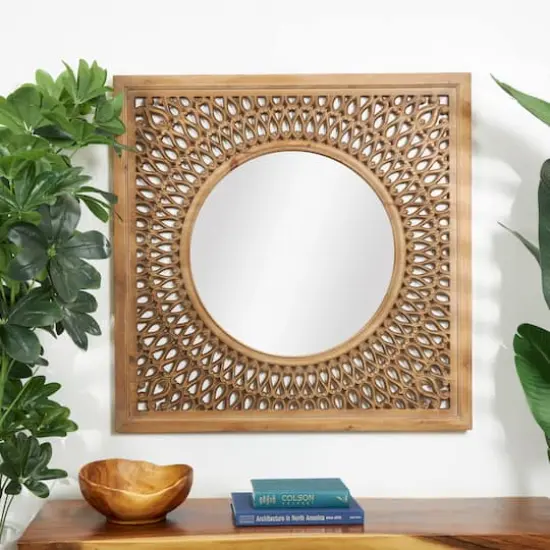 40" Brown Wood Framed Wall Mirror with Carved Scroll Pattern {3}