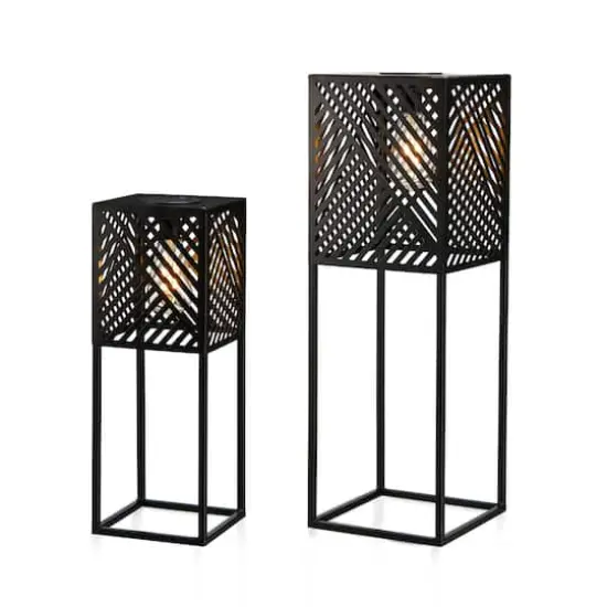Glitzhome&reg; Black Metal Stripes Geometric Solar Powered Edison Bulb Outdoor Lantern Set {1}