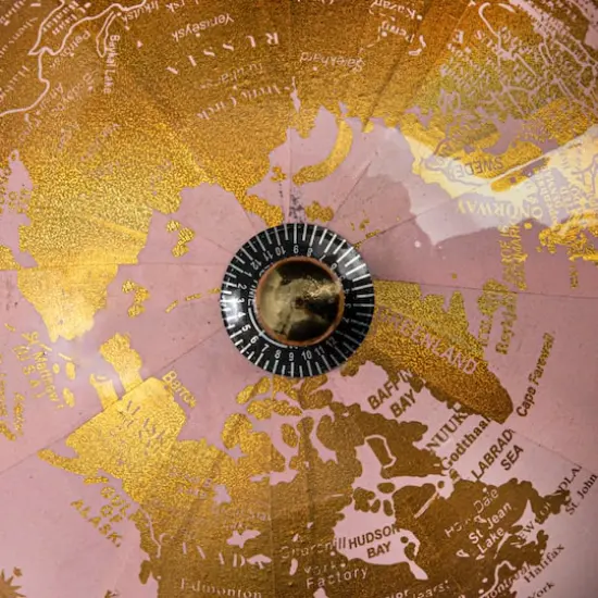 Hello Honey&reg; 10.75" Pink & Gold Metal & Plastic Globe on Natural Mango Wood Stand {11}