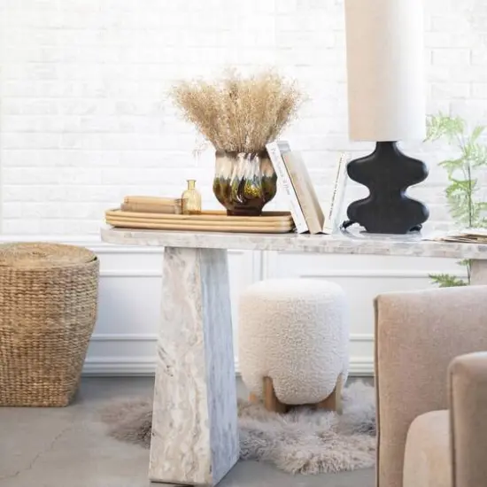 Hello Honey&reg; White Boucl&eacute; Fabric Upholstered Ottoman {5}