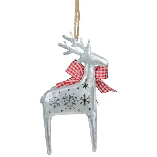 6.25" Silver Metal Reindeer Christmas Ornament With Red Gingham Bowtie & Pine {6}