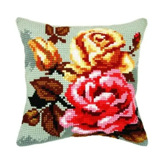 Orchidea Needlepoint Kit Cushion - Printed Canvas Roses On The Grey Background {3}