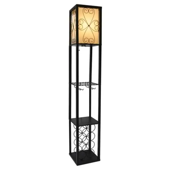 Simple Designs&trade; Floor Lamp Storage Shelf and Wine Rack with Linen Shade Black {3}