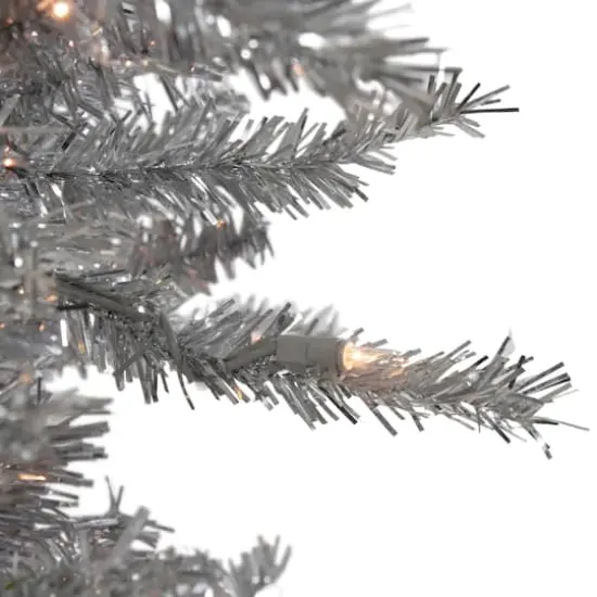 9ft. Pre-Lit Silver Noble Fir Tinsel Artificial Christmas Tree, Clear Lights {3}