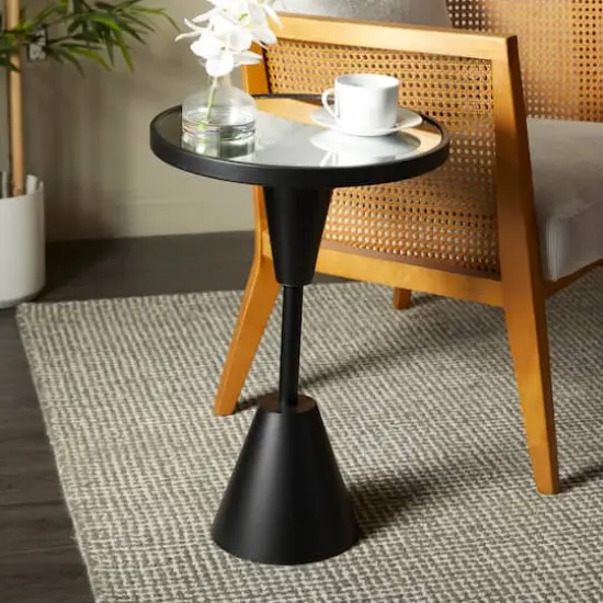 Black Metal Pedestal Base Accent Table with Mirrored Glass Top 16" x 16" x 24" {7}