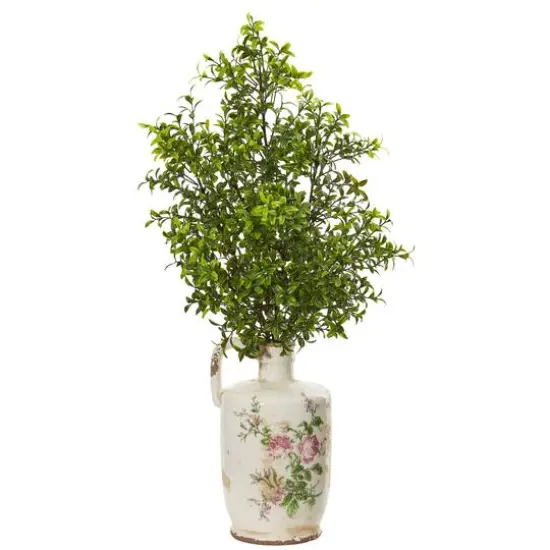26" Boxwood Artificial Plant in Floral Print Vase {1}