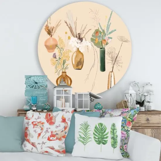 Designart - Bouquets Of Wildflowers In Gold Vases III - Traditional Metal Circle Wall Art {3}
