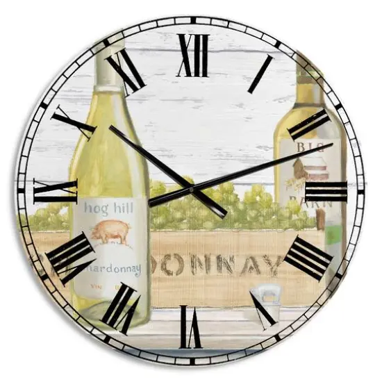 Designart 'White Chardonnay Wine Bottles Farmhouse Wall Clock {1}