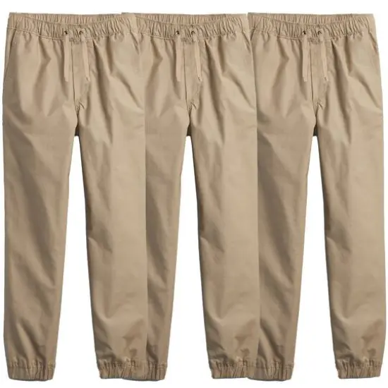 Galaxy by Harvic Boy's Slim Fitting Cotton Stretch Classic Twill Joggers 3 Pack Khaki {1}