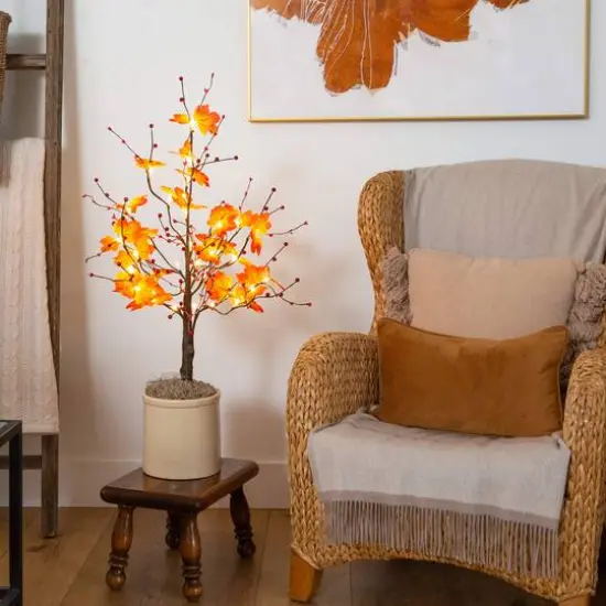3ft. Pre-Lit Autumn Maple Artificial Fall Tree with Berries and 36 Warm White LED Lights {9}
