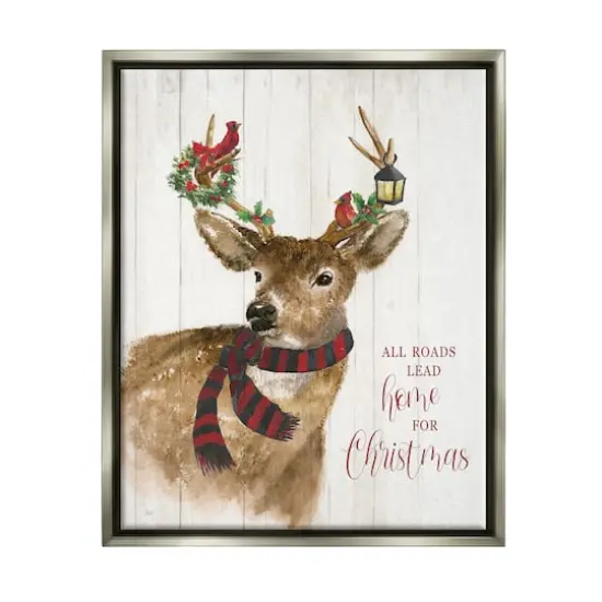Stupell Industries All Roads Lead Home Christmas Deer Framed Floater Canvas Wall Art Gray {1}