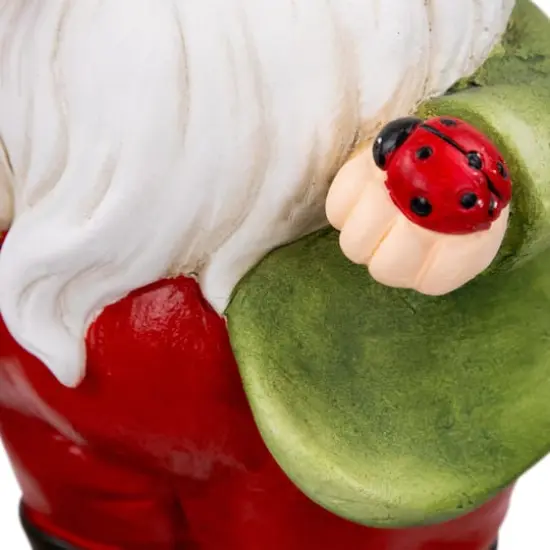 15.75" Green & Red Gnome with Ladybug Outdoor Garden Statue {7}