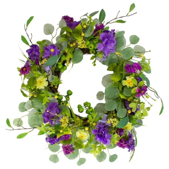 23" Purple & Yellow Eucalyptus & Hydrangea Floral Berry Spring Wreath {1}