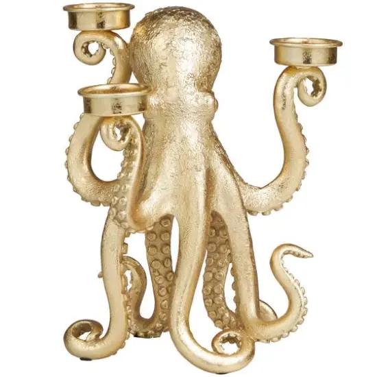 9" Gold Polystone Textured Octopus Candelabra with Tentacle Candle Slots {3}