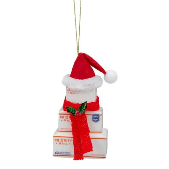 4.5" White and Red USPS Priority Mail Stacked Packages Santa Hat Christmas Ornament {1}