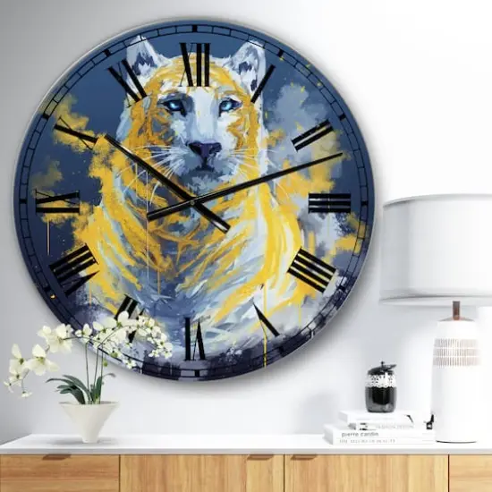 Designart Tiger Spirit in Blue and Gold Oversized Fashion Wall Clock {3}