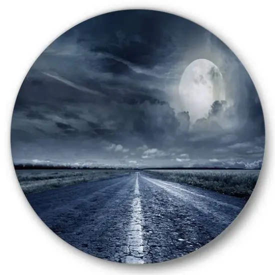 Designart - Asphalt Road Under Cloudy Full Moon II - Nautical & Coastal Metal Circle Wall Art {1}