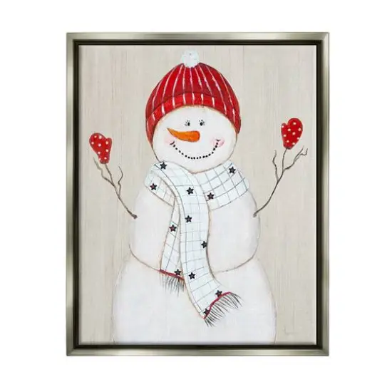 Stupell Industries Seasonal Snowman Smiling Red Hat Framed Floater Canvas Wall Art Gray {1}