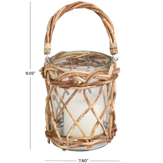 9" Clear Glass Handmade Candle Lantern with Brown Rattan Woven Exterior & Twisted Handle {6}