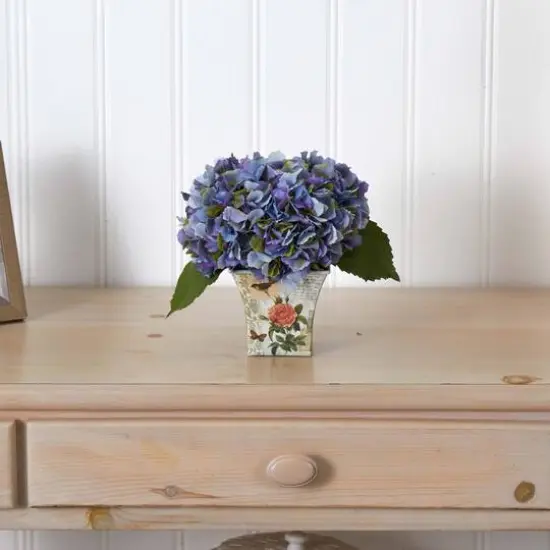 9" Blue Hydrangea In Floral Planter {4}