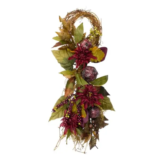 2.3ft. Autumn Harvest Mums with Pomegranate Autumn Grapevine Teardrop Swag {1}